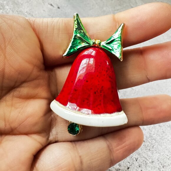 Red Enamel Christmas Bell Pin – Festive Holiday Brooch 2” - Picture 3 of 5